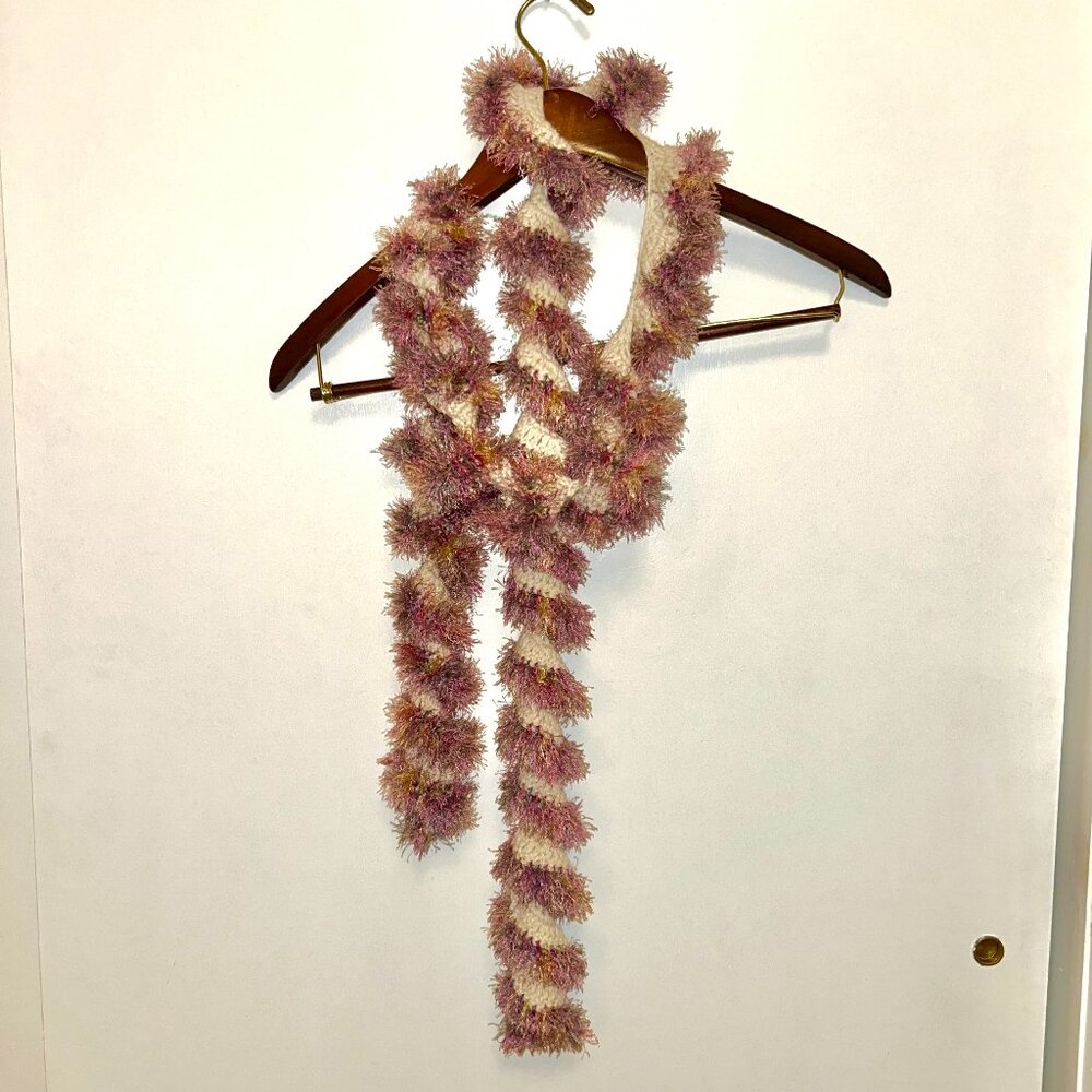 Handmade Crochet Spiral Scarf with Rainbow Fringe 66 inches White Acrylic Yarn